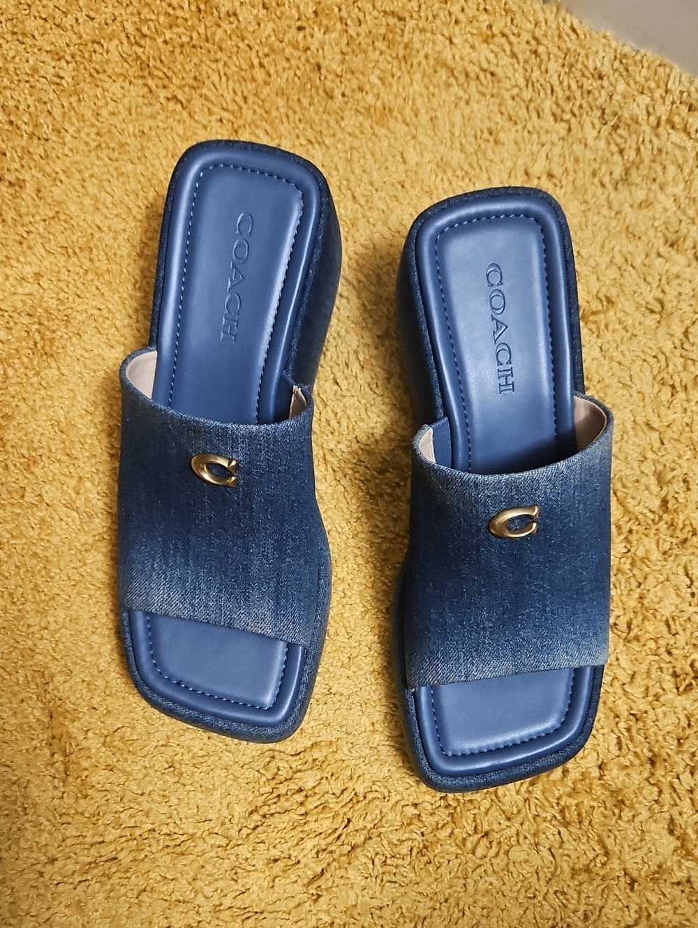 COACH Denim Slide Mules in Navy with Gold Accent